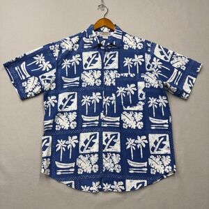 Back East Shirt Mens Large Blue Tropical Palm Tree Cotton Vintage 90s Button Up